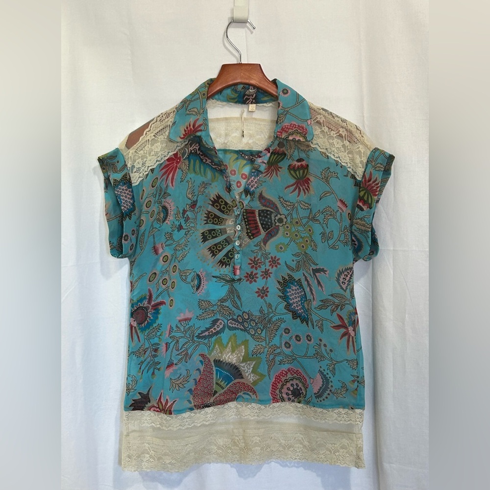 Just Pearls - Sheer Floral Top With Lace Trim